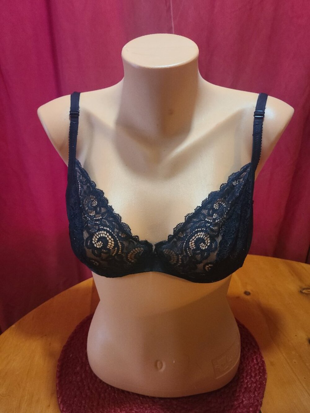 VTG Lily of France Bra 34C Black Sheer Lace Cup Underwire Satin 1210 Second Skin